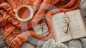 A cozy flat lay scene with a soft bedspread, AI generated