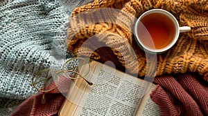 A cozy flat lay scene with a soft bedspread, AI generated