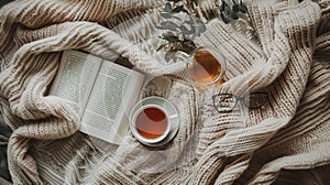 A cozy flat lay scene with a soft bedspread, AI generated