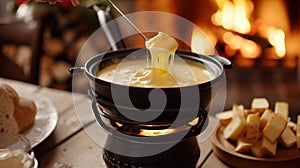 Cozy fondue pot over a flame, cheese stretching from dipper, inviting warmth with a fireplace in the background