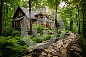 Cozy forest cabin with warm fireplace, rustic exterior, nestled among tall trees, winding path