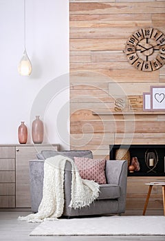 Cozy furnished apartment with niche in wooden wall