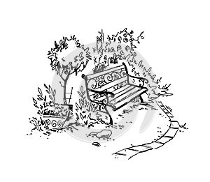 Cozy garden corner. Bench. Vector sketch