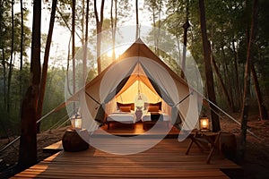 Cozy glamping tent at sunrise in the woods. Generative AI photo