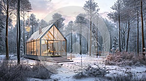 A cozy glass cabin in a snowy forest