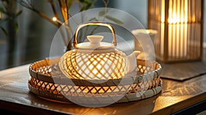 The cozy glow of a tea warmer covered in a woven bamboo basket perfect for holding a Japanesestyle teapot photo