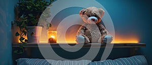 Cozy Glow: Teddy Bear and Nightlight on Modern Shelf. Concept Cozy Home Decor, Teddy Bear,