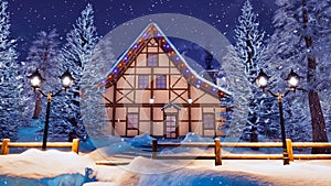 Cozy half-timbered house at snowfall winter night