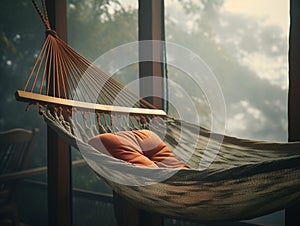 Cozy hammock with orange cushion, on a veranda in a misty forest. Quiet place to relax, meditate, or have a nap. Generative AI