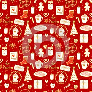 Cozy hand drawn seamless pattern texture. Milk cocoa and cookies for Santa. Vector set illustration concept Merry Christmas mood.