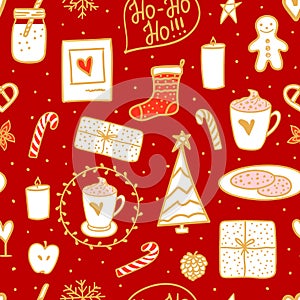 Cozy hand drawn style seamless pattern. Hot Milk and cookies for Santa. Vector Merry Christmas concept card and wrapping paper.