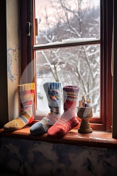 cozy handmade socks on a window sill with snow outside