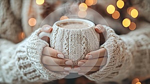 Cozy hands holding a warm mug of hot beverage