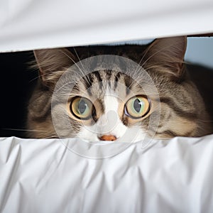 Cozy hideout Fold eared cats close up, half muzzle behind white cabinet