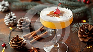 Cozy Holiday Cocktail with Pinecones and Cherry photo