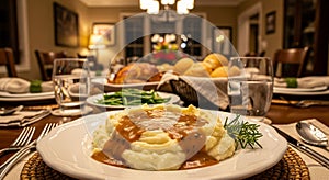 Cozy Holiday Dinner Table Setting with Mashed Potatoes and Gravy