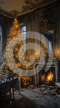 Cozy Holiday Haven: Christmas Tree in Room with Fireplace and Chair