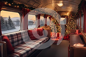 cozy holiday-themed train interior decorated with Christmas tree and gifts