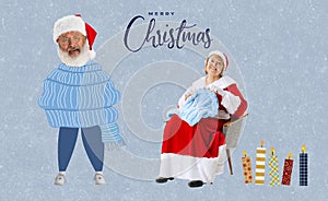 Cozy holidays. Design for greeting card with cute Santa Claus and his wife over light blue background. Winter, holidays