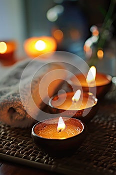 Cozy Home Ambiance with Warm Candlelight and Soft Towel