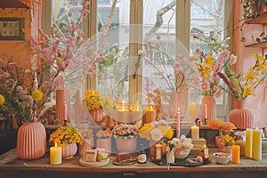 Cozy Home Decor with Blooming Spring Flowers, Various Candles, and Elegant Table Setting for a Celebratory Occasion