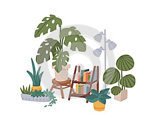 Cozy home decor. Different potted houseplants, bookshelf and a lamp. Hygge homely composition with monstera, sansevieria photo