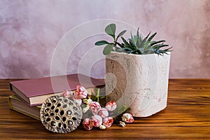 Cozy home decor. Potted plant, books and flowers on wooden table.