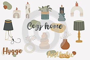 Cozy home decor set, hygge aesthetic home objects. Autumn home cozy elements