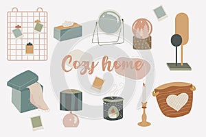 Cozy home decor set, hygge aesthetic home objects in Scandinavian style.