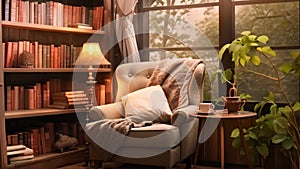 Cozy home interior with armchair, bookshelf and coffee cup, Escape to