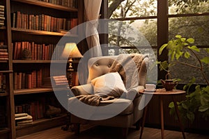 Cozy home interior with armchair, bookshelf and coffee cup, Escape to a bookworm\'s paradise with a cozy reading corner