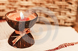 Cozy home interior decor, burning candle - Image photo