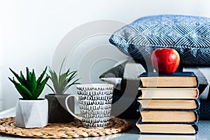 Cozy home interior decor: cup of coffee, stack of books, red apple, plants in pots on a wicker stand, blue pillows on a white