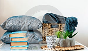 Cozy home interior decor: stack of books, plants in pots on a wicker stand, pillows and plaid on a white table. Distance home