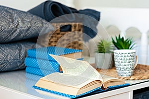 Cozy home interior decor: stack of books, plants in pots on a wicker stand, pillows and plaid on a white table. Distance home