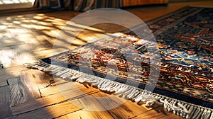 Cozy home interior with elegant patterned rug basking in warm sunlight. Ideal for home decor and lifestyle themes