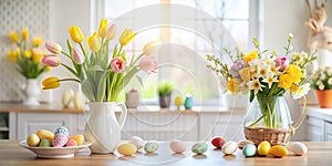 Home interior with Easter decor. Spring flowers in a vase and Easter eggs on a light background