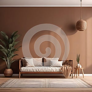 Acogedor de madera muebles sobre el marrón vacío muro en decoraciones.  gráficos tridimensionales renderizados por computadora 