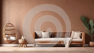 Acogedor de madera muebles sobre el marrón vacío muro en decoraciones.  gráficos tridimensionales renderizados por computadora 