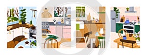 Cozy home kitchen interiors set. Modern comfortable dining rooms with table, chair, wood furniture, stove, window