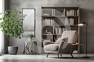 cozy home library interior with bookshelves and armchair, grey color scheme. AI generated