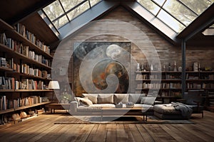 Cozy home library interior with collection of books on shelves. By generative Ai