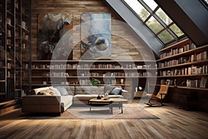 Cozy home library interior with collection of books on shelves. By generative Ai