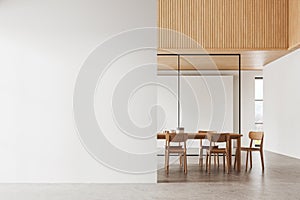 Cozy home living room interior with eating table and chairs, window. Mockup wall