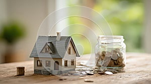 The cozy home model beside a jar filled with coins and savings. AI generated image