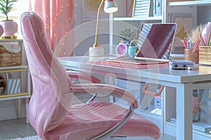 Cozy Home Office Interior with Pink Chair, Stylish Desk, Organized Workspace in Soft Daylight