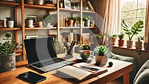 Cozy Home Office with Plants and Natural Light, AI Generated