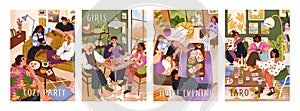 Cozy home party with friends, cards set. Young people gathering together indoors, leisure time. Characters enjoying food