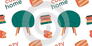 Cozy Home pattern. Soft chair, slippers, stack of books, striped pillow. Mood of calm, silence. Hobby Reading. Furniture
