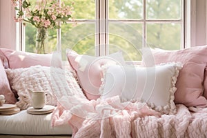 Cozy home place, pink and white pillows and blanket on sofa near window. French country, farmhouse interior design